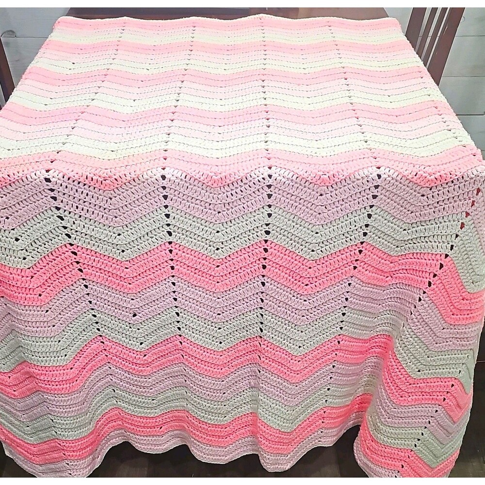 Vintage Handmade Crochet Blanket Afghan Pink White Chevron Ripple Large 66x64
